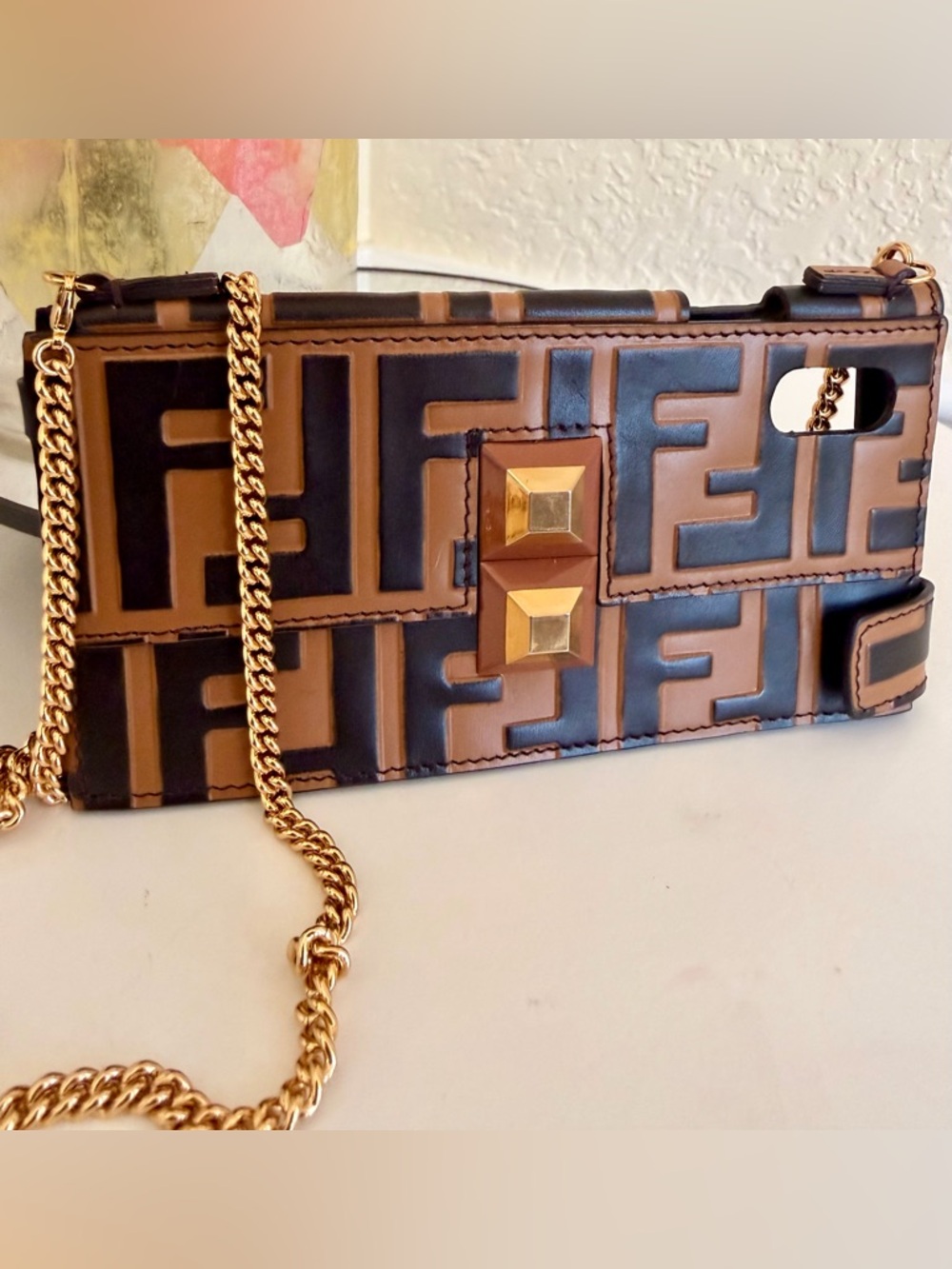 Fendi Brown Black Zucca Leather Bag  iPhone Case Bag Gold Strap X/XS & More - Picture 9 of 15